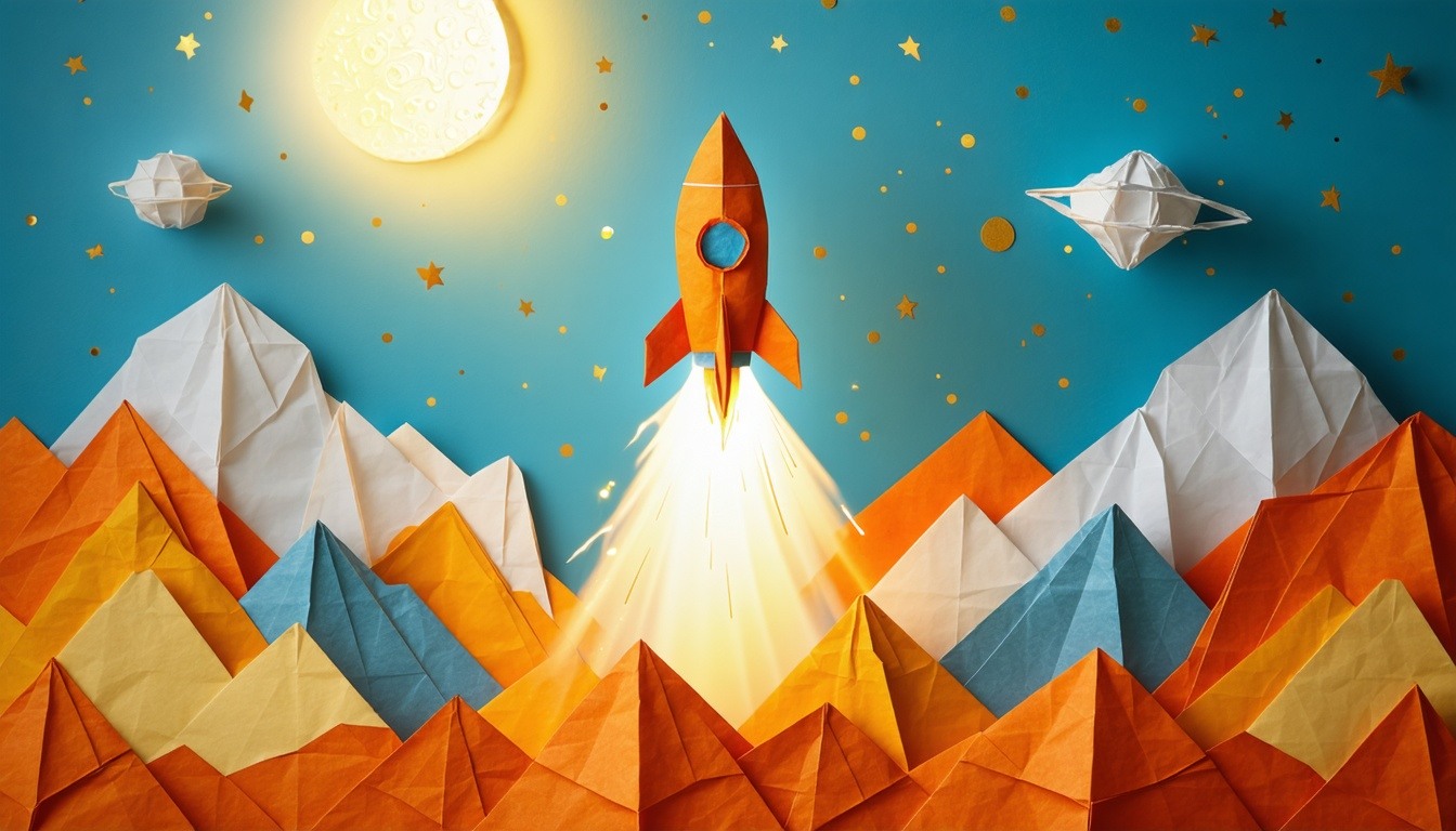 rocket ship blasting off with orange and blue colors as the sun light glistens-4